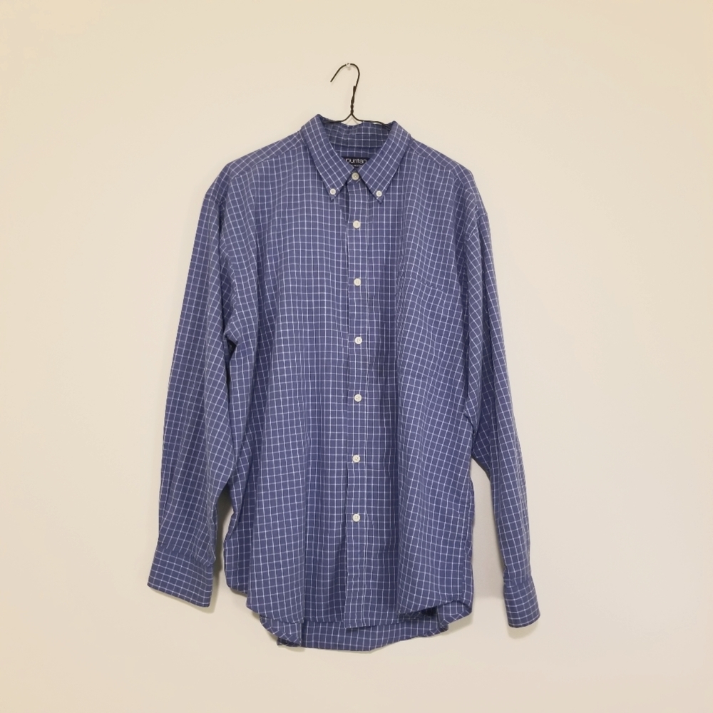 Puritan Mens Wrinkle Resistant Blue Patterned Dress Shirt